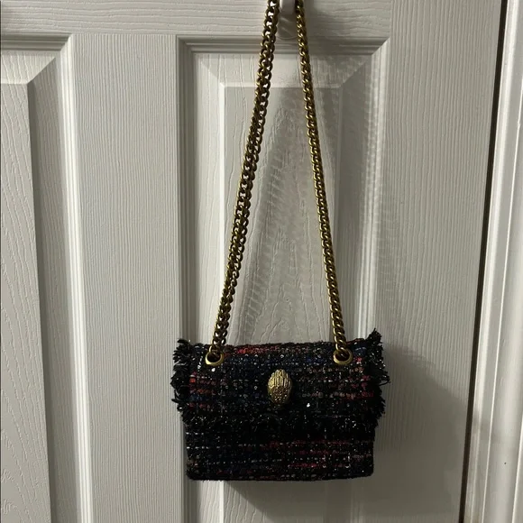 💥Kurt Geiger Tweed Handbag with Black, Red, Blue and Gold Sequins and Gold Chain - Picture 2 of 5